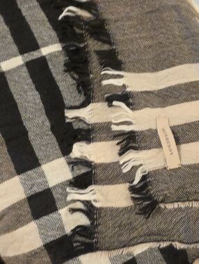 Burberry Black and White Checked Fringe Scarf